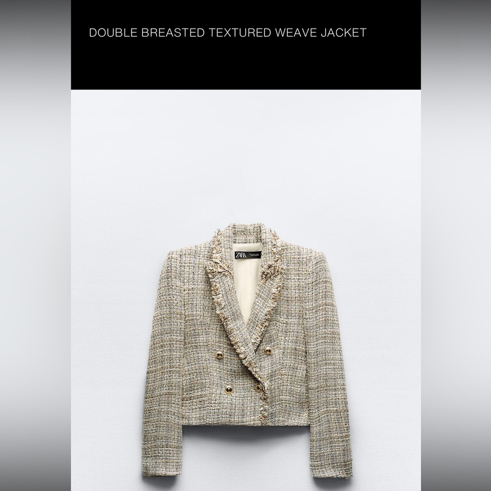 Zara Double Breasted Textured Blazer - Tan, Gray and Cream Size M EUC - Picture 2 of 7
